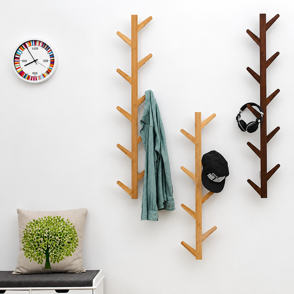 Porte-Manteau Mural Bois Branche Scandinave – Rangement d'Entrée