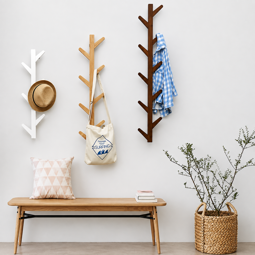 Porte-Manteau Mural Bois Branche Scandinave – Rangement d'Entrée