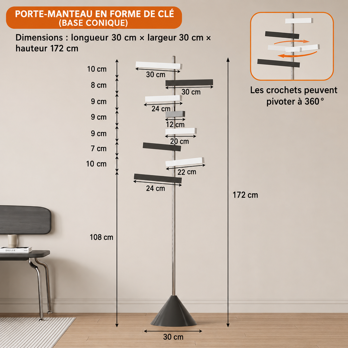 Porte-Manteau sur Pied Métal Inox Pivotant – Design Arbre Moderne