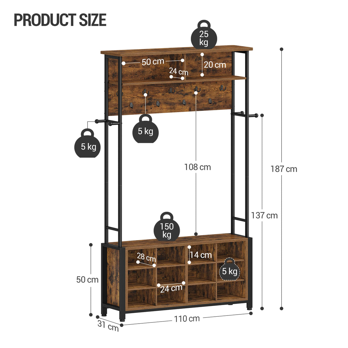 Porte-Manteau Meuble Vestiaire Bois Industriel – Banc et 13 Crochets