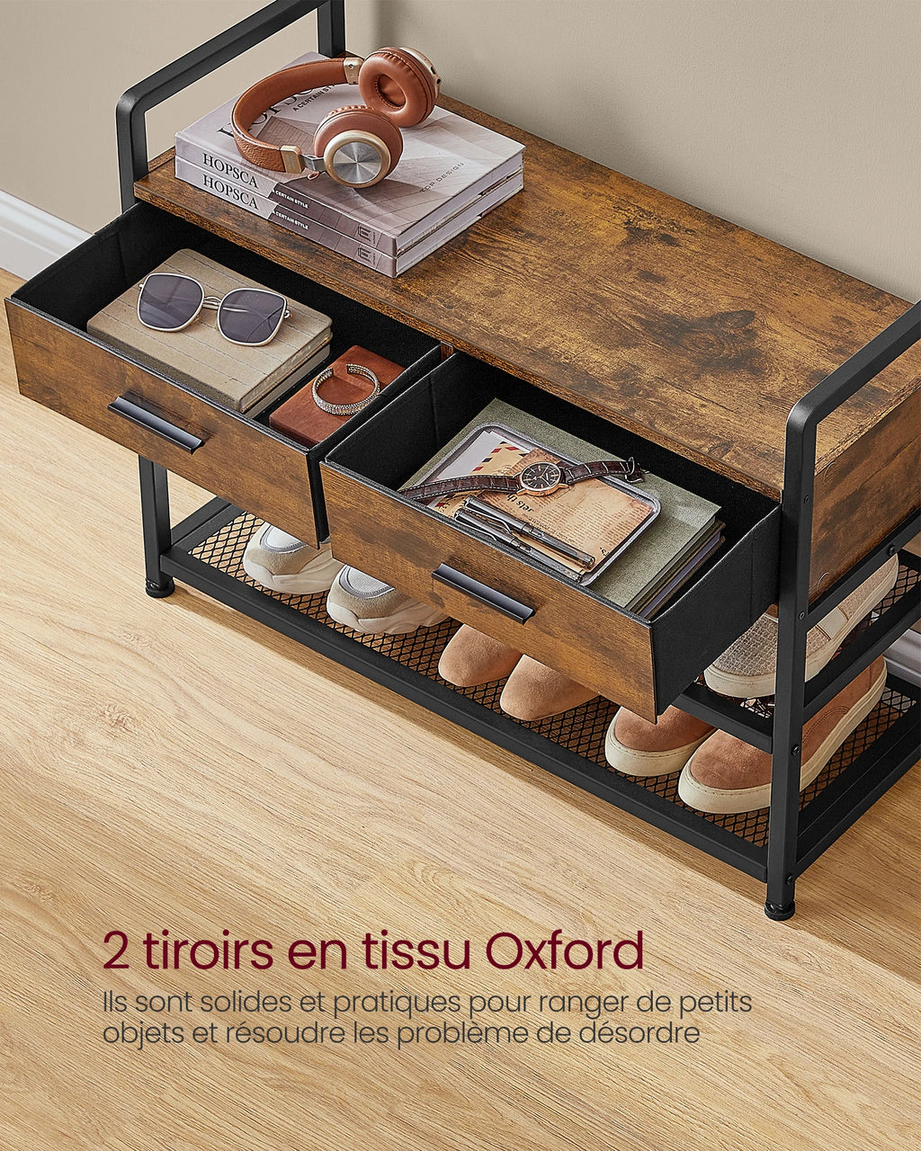 Wooden Coat Rack for Entryway – Bench, 10 Hooks, and 2 Drawers