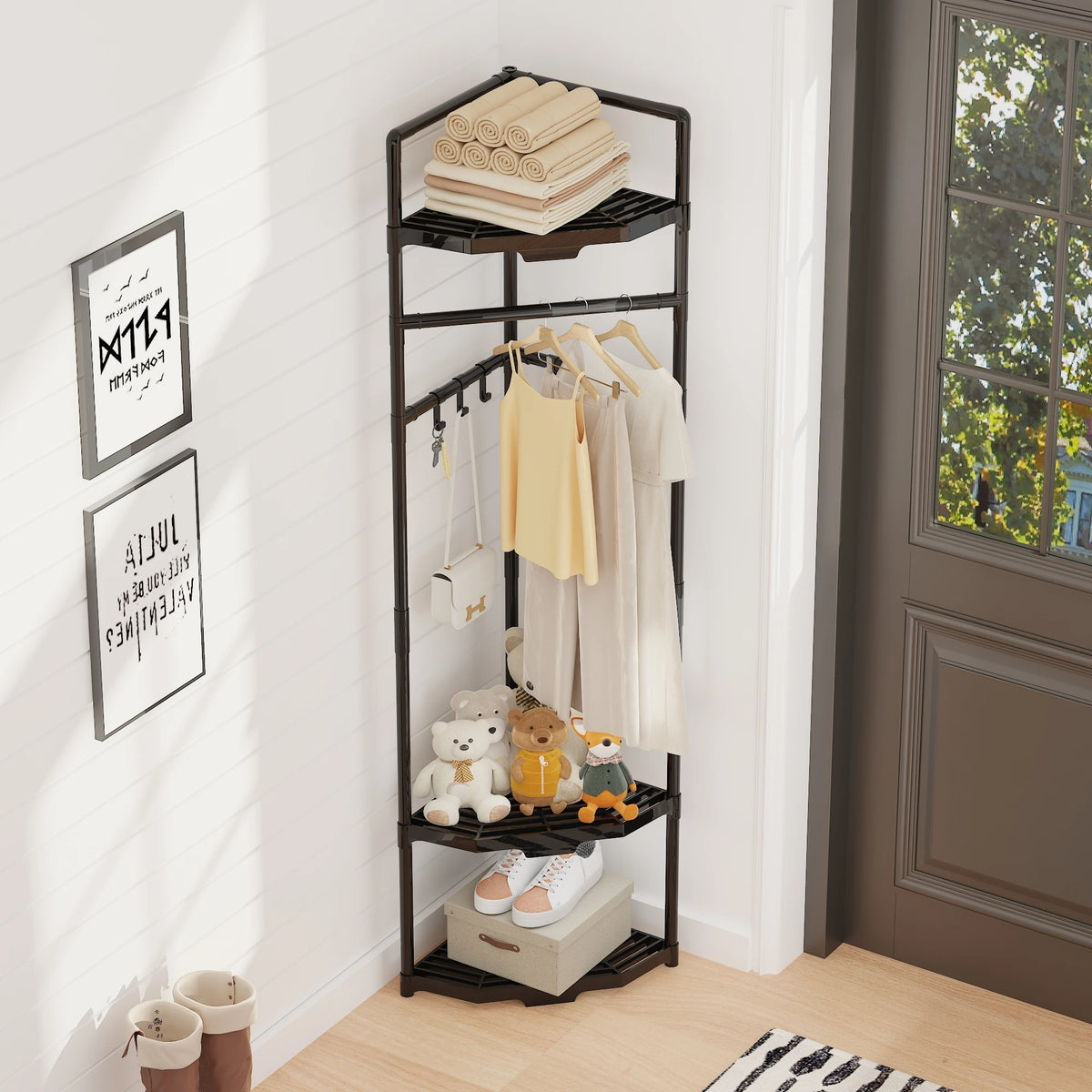 Corner Metal Coat Rack with Shelf – 6 Hooks