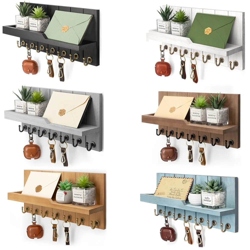 Wooden Wall-Mounted Key Holder with 7 Hooks and Shelf – Entryway Storage