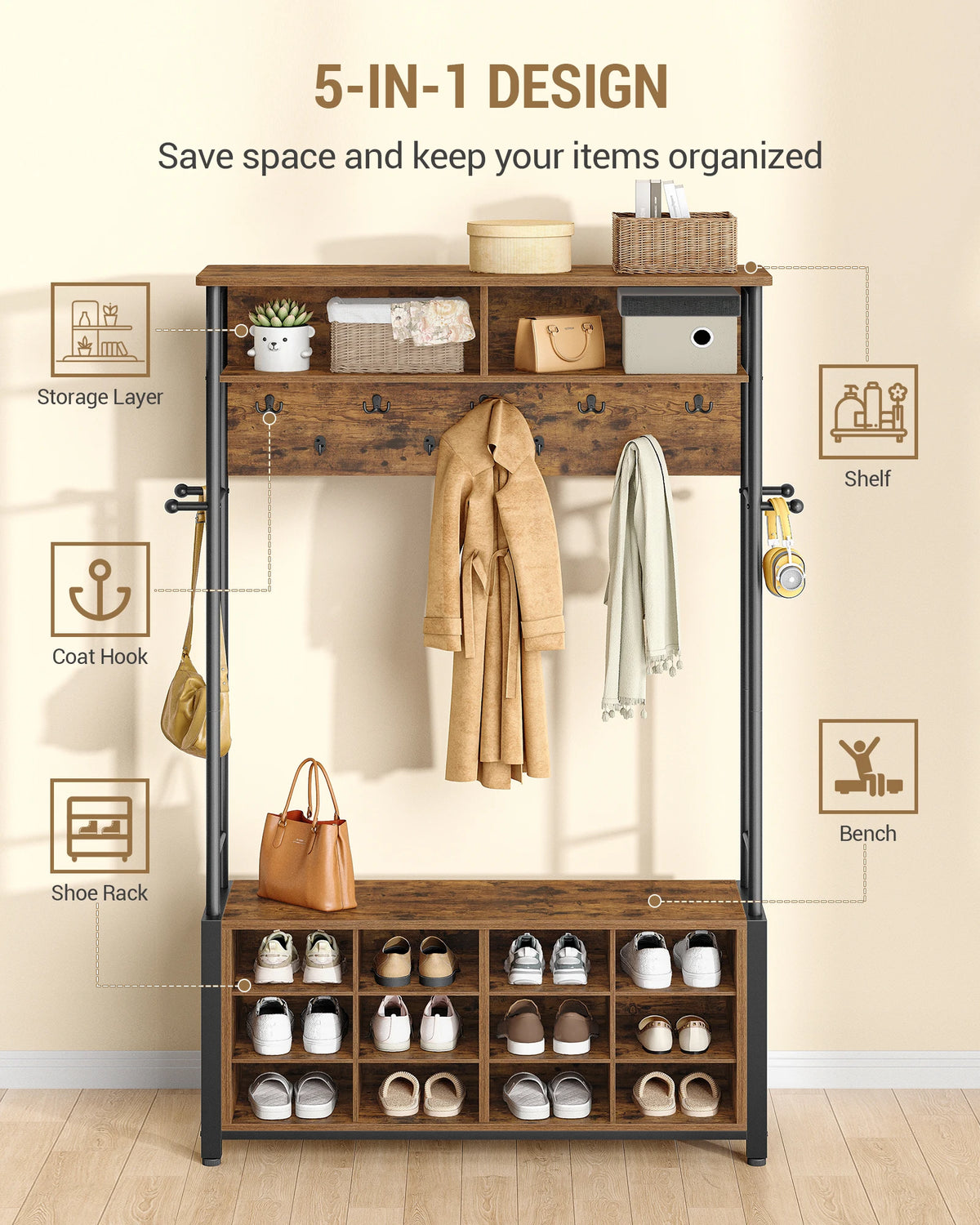 Porte-Manteau Meuble Vestiaire Bois Industriel – Banc et 13 Crochets