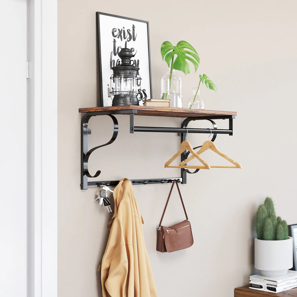 Industrial Wood Wall Coat Rack – Shelf, Bar, and 5 Hooks