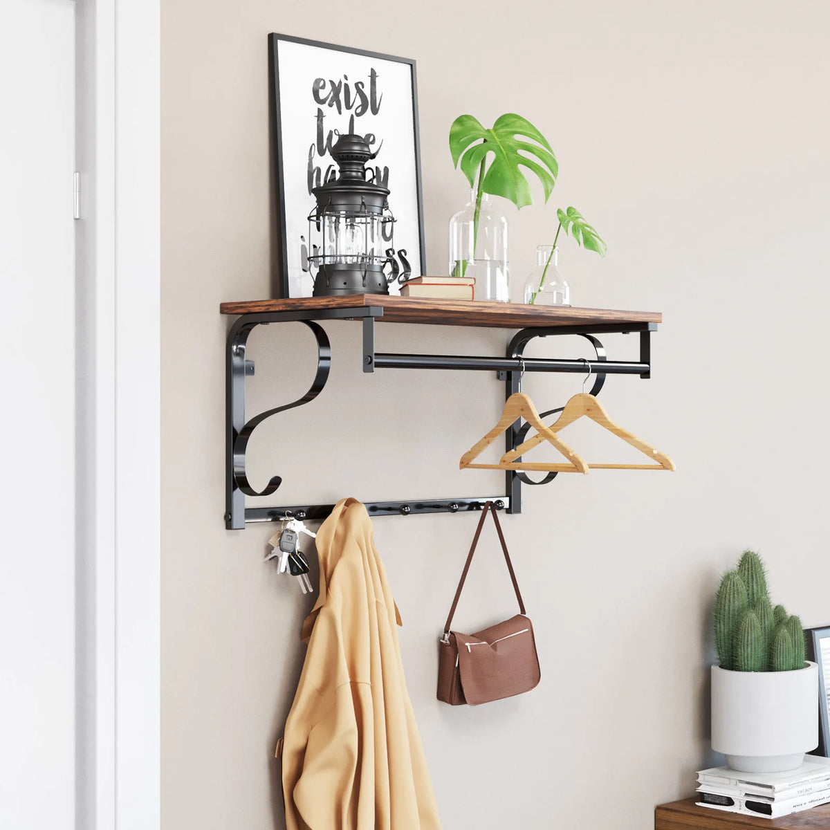 Industrial Wood Wall Coat Rack – Shelf, Bar, and 5 Hooks