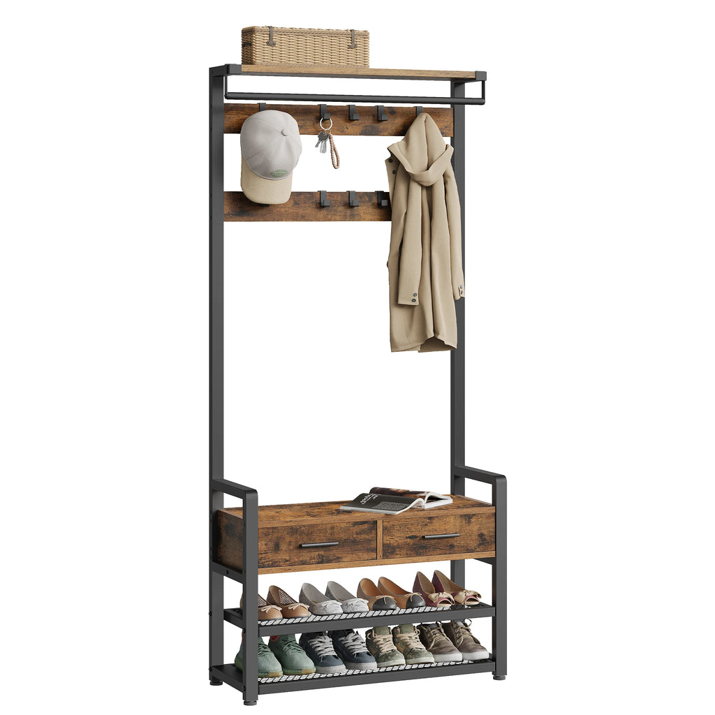 Wooden Coat Rack for Entryway – Bench, 10 Hooks, and 2 Drawers