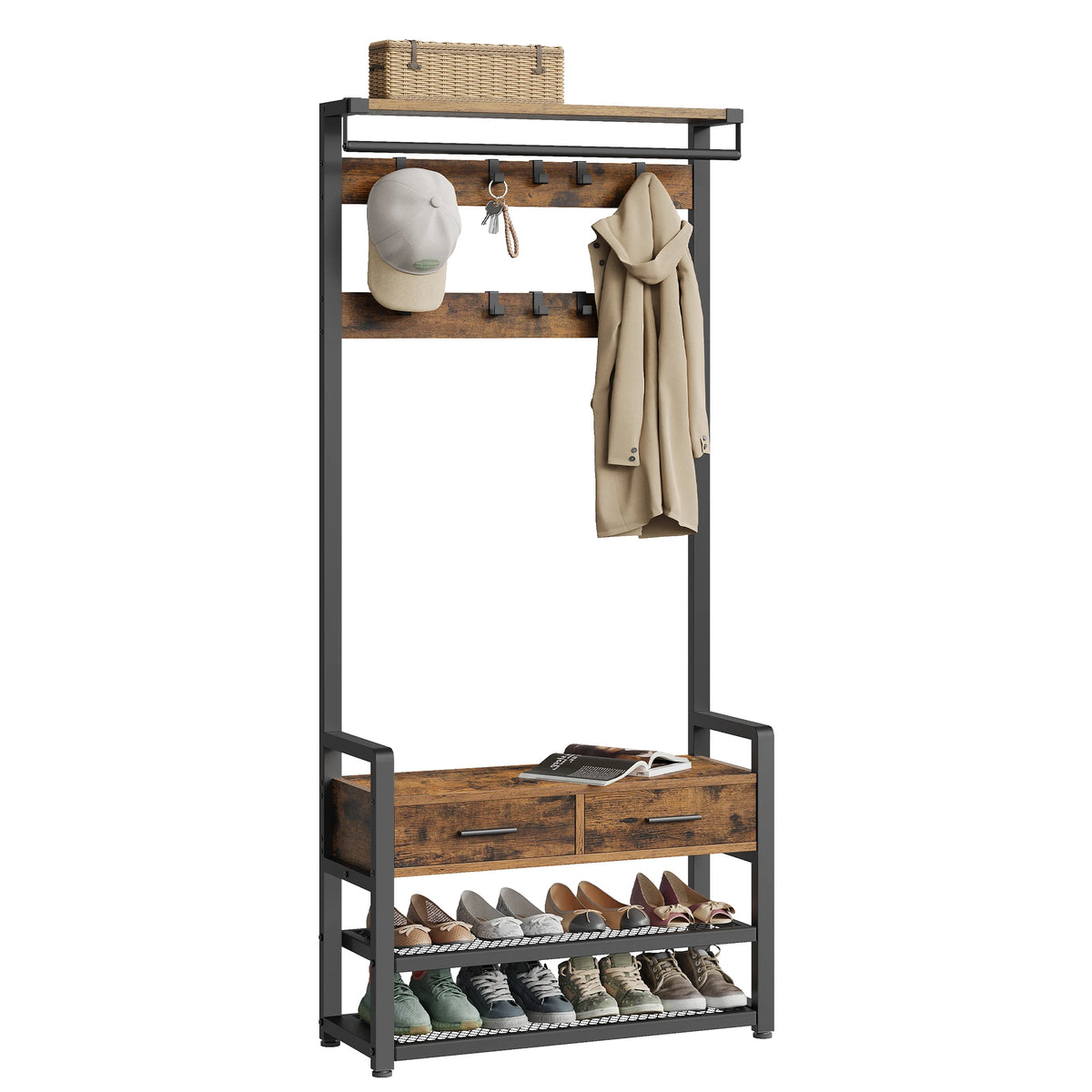 Wooden Coat Rack for Entryway – Bench, 10 Hooks, and 2 Drawers