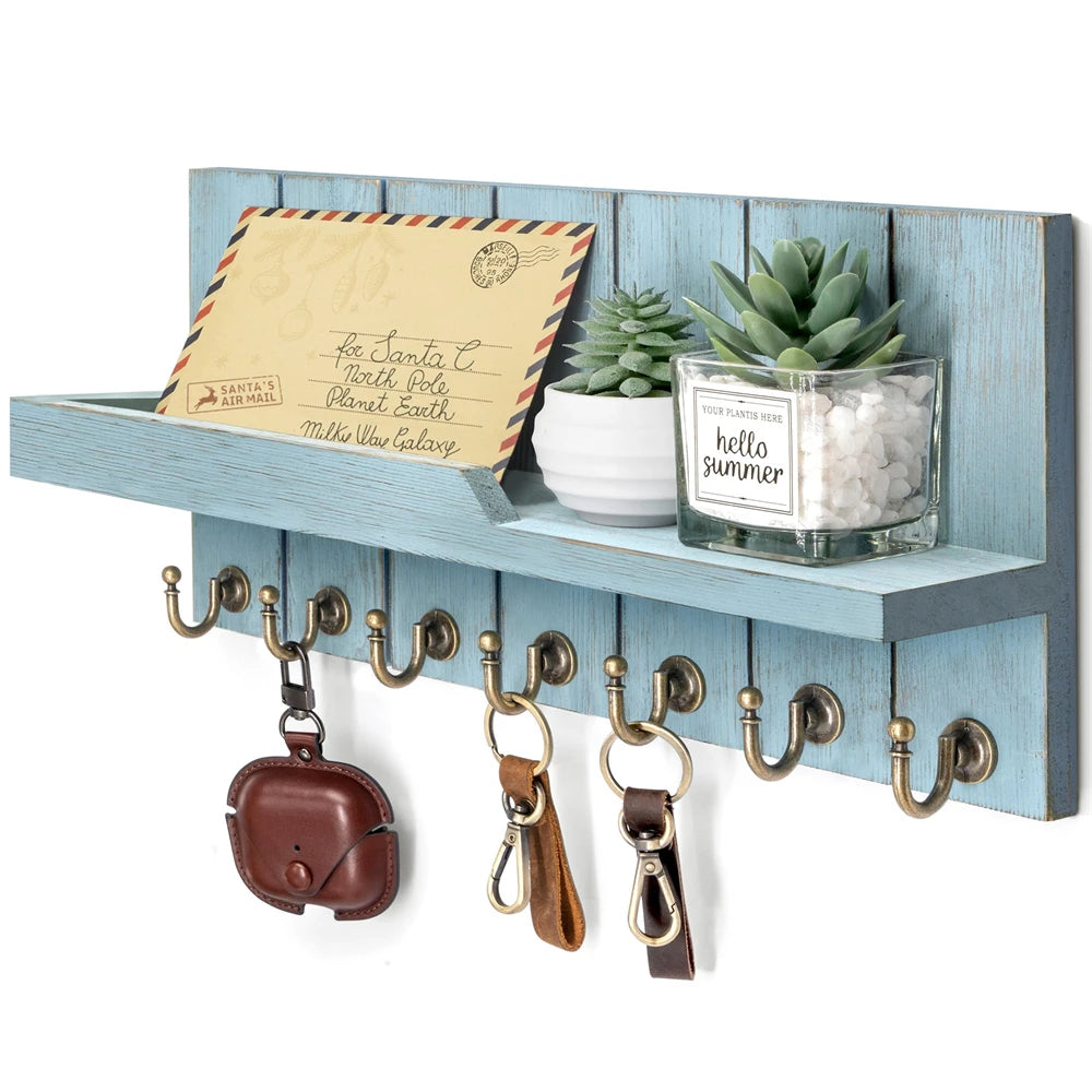 Wooden Wall-Mounted Key Holder with 7 Hooks and Shelf – Entryway Storage