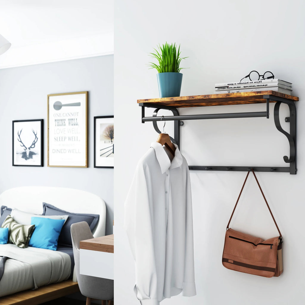 Industrial Wood Wall Coat Rack – Shelf, Bar, and 5 Hooks