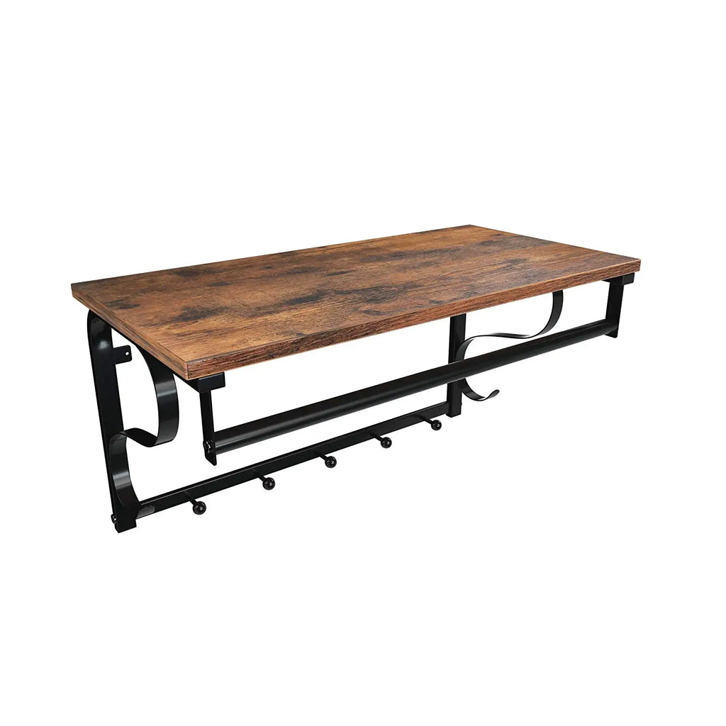 Industrial Wood Wall Coat Rack – Shelf, Bar, and 5 Hooks