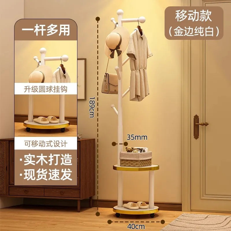 Wooden Freestanding Coat Rack with Wheels – Bedroom and Entryway Storage