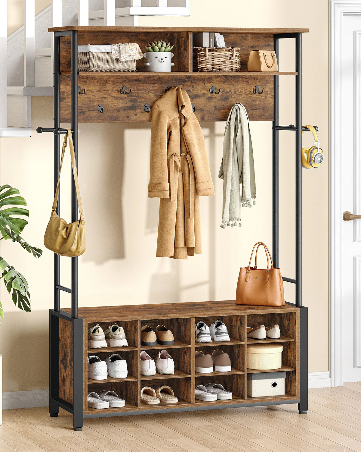 Porte-Manteau Meuble Vestiaire Bois Industriel – Banc et 13 Crochets