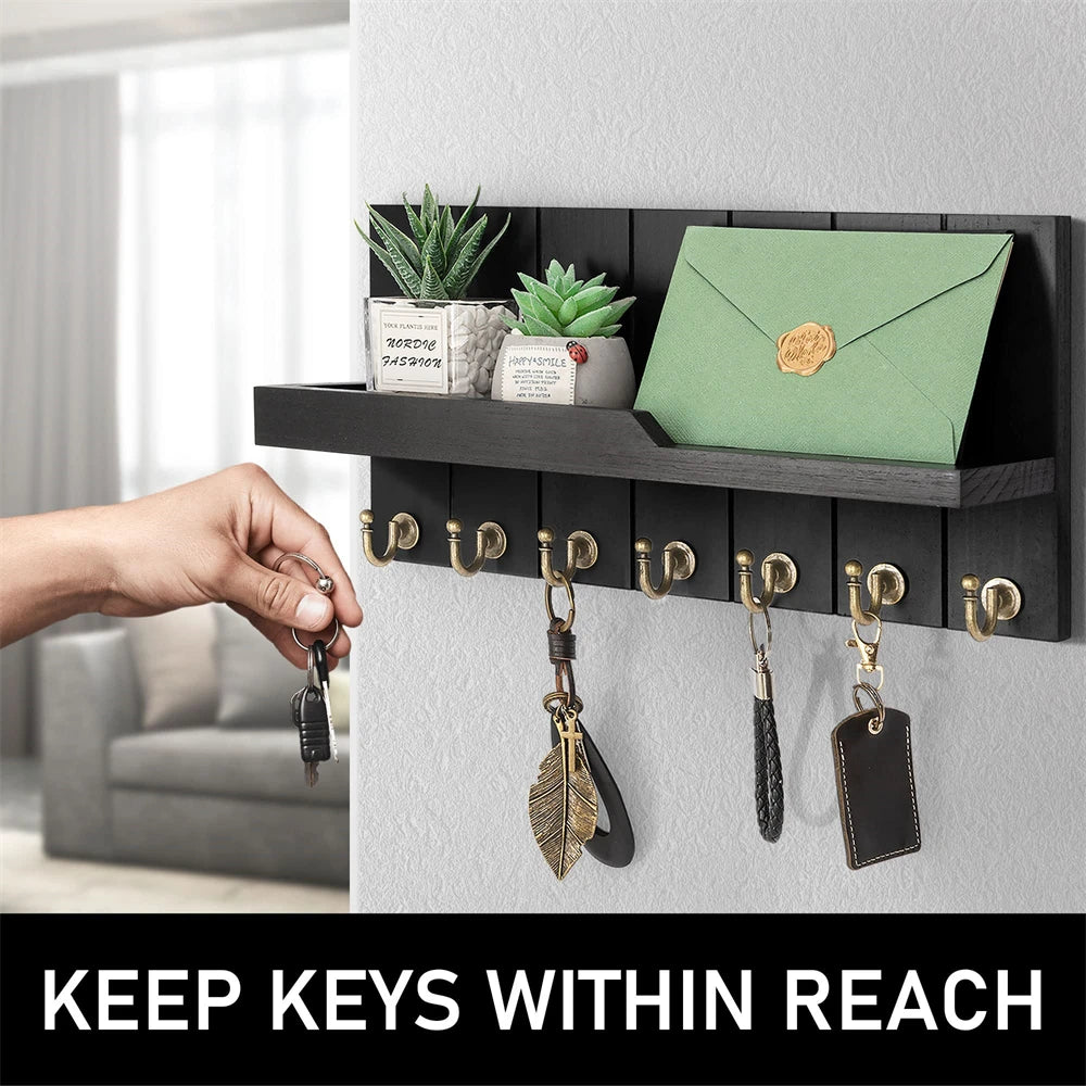 Wooden Wall-Mounted Key Holder with 7 Hooks and Shelf – Entryway Storage