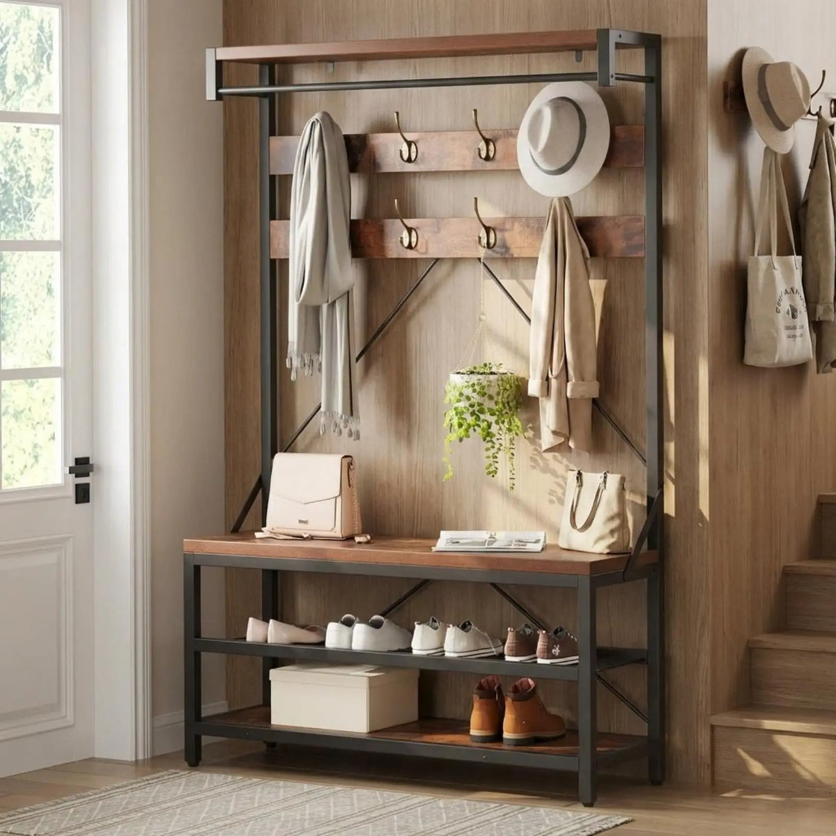 Porte-Manteau Vestiaire Banc Bois Métal Industriel – Entrée Nette