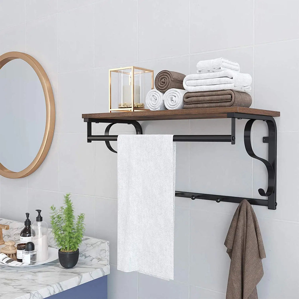 Industrial Wood Wall Coat Rack – Shelf, Bar, and 5 Hooks