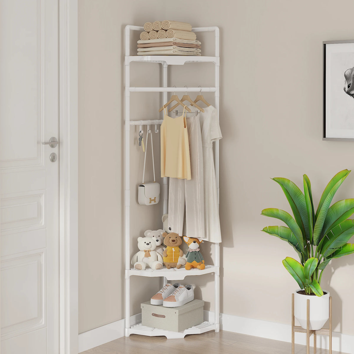 Corner Metal Coat Rack with Shelf – 6 Hooks