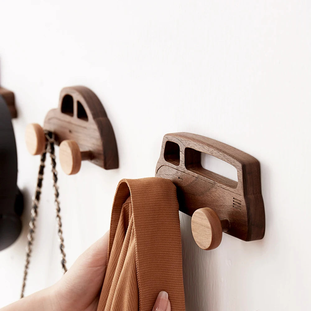 Wall Coat Rack for Kids, Wooden Car – 2 Hooks, No Drilling
