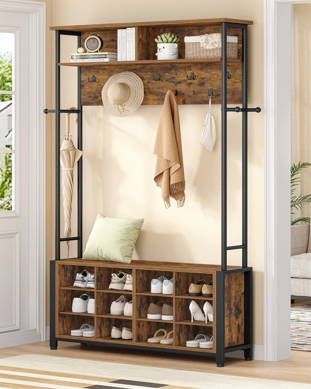 Porte-Manteau Meuble Vestiaire Bois Industriel – Banc et 13 Crochets