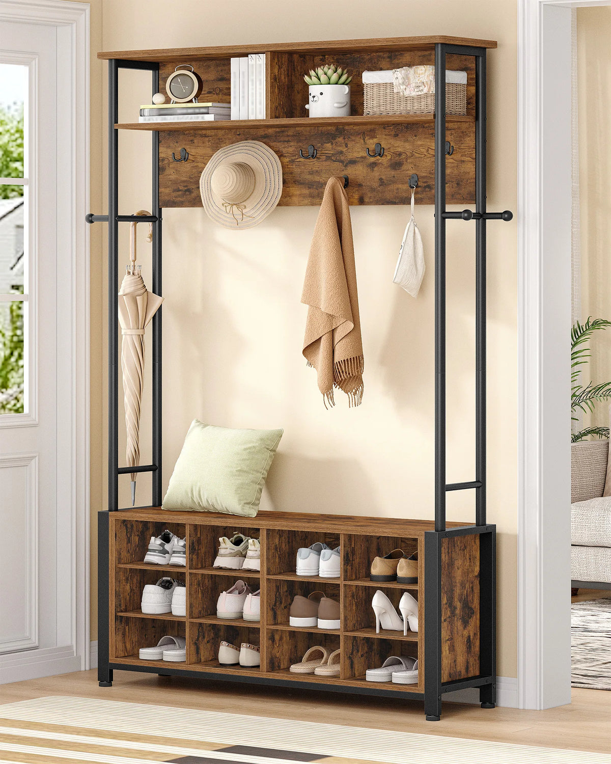 Porte-Manteau Meuble Vestiaire Bois Industriel – Banc et 13 Crochets