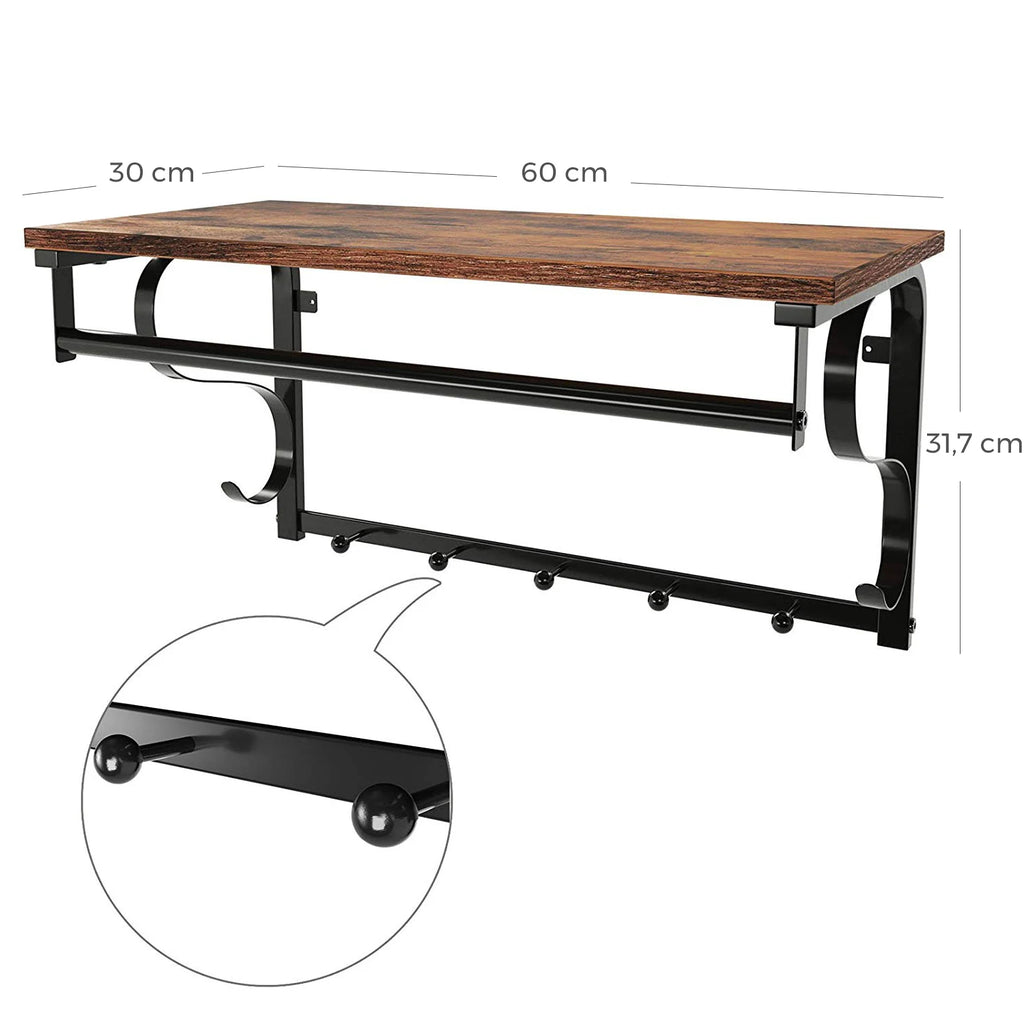 Industrial Wood Wall Coat Rack – Shelf, Bar, and 5 Hooks