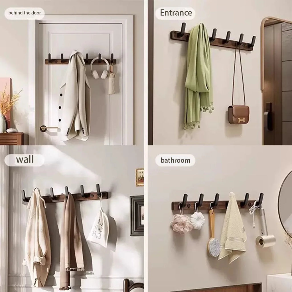 Vintage Wooden Wall Coat Rack - 6 Metal Hooks for Entryway