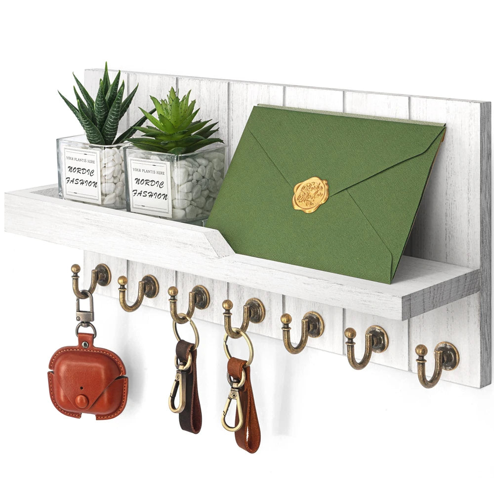Wooden Wall-Mounted Key Holder with 7 Hooks and Shelf – Entryway Storage