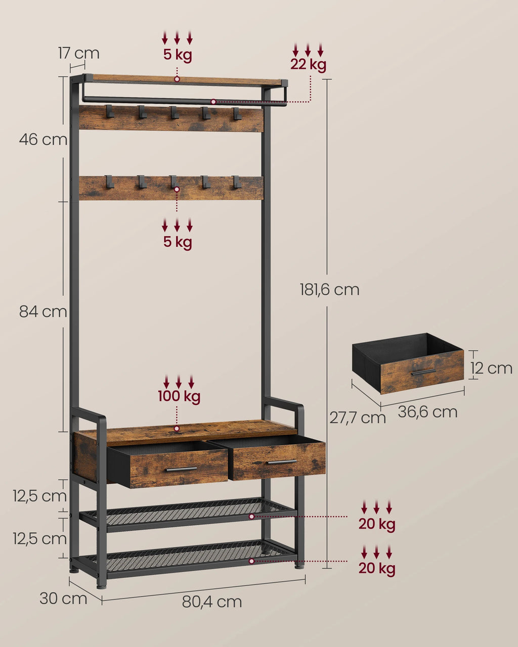 Wooden Coat Rack for Entryway – Bench, 10 Hooks, and 2 Drawers