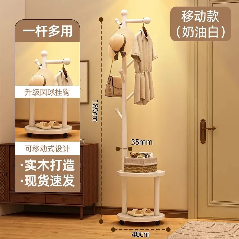 Wooden Freestanding Coat Rack with Wheels – Bedroom and Entryway Storage