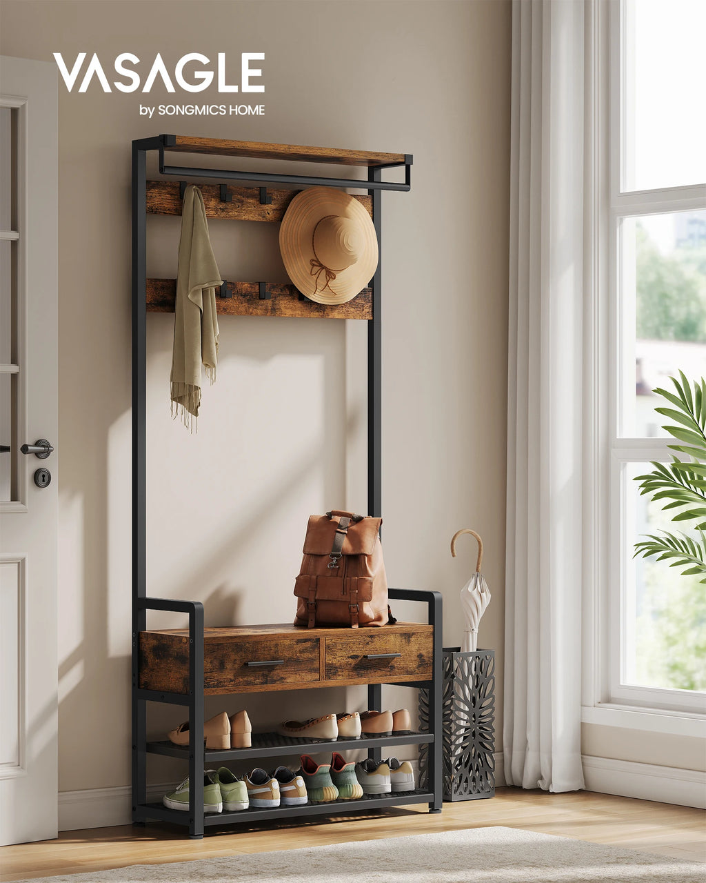 Wooden Coat Rack for Entryway – Bench, 10 Hooks, and 2 Drawers