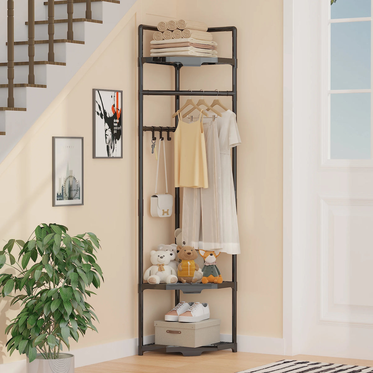 Corner Metal Coat Rack with Shelf – 6 Hooks