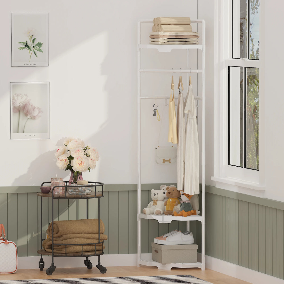 Corner Metal Coat Rack with Shelf – 6 Hooks
