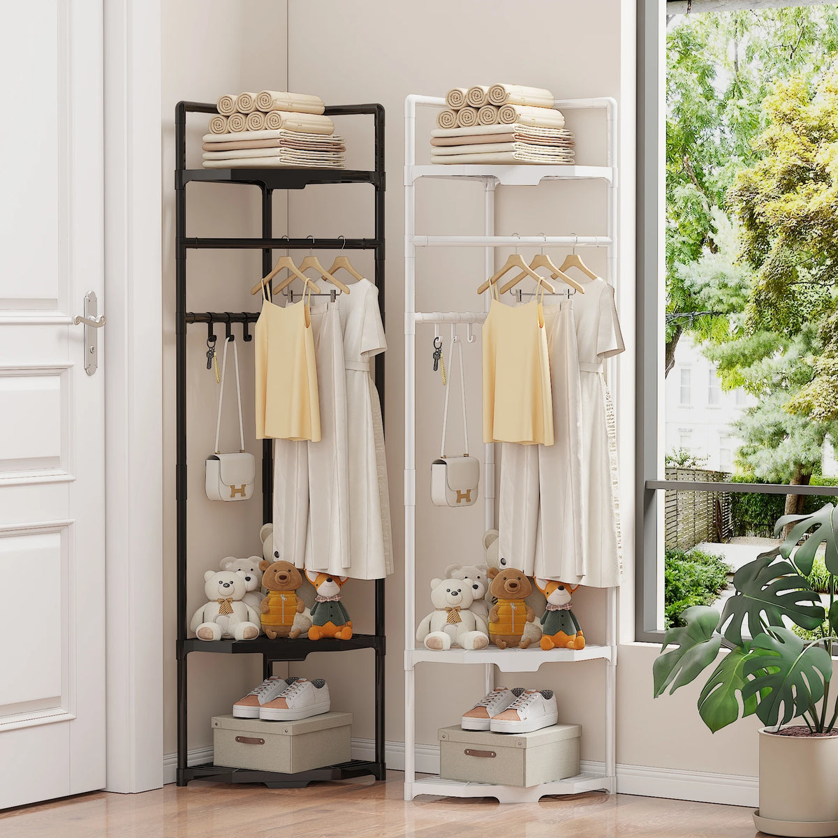 Corner Metal Coat Rack with Shelf – 6 Hooks